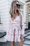 Wrap V Neck Floral Print Ruffle A Line Beach Dress Long Sleeve Wrap Mini Dress