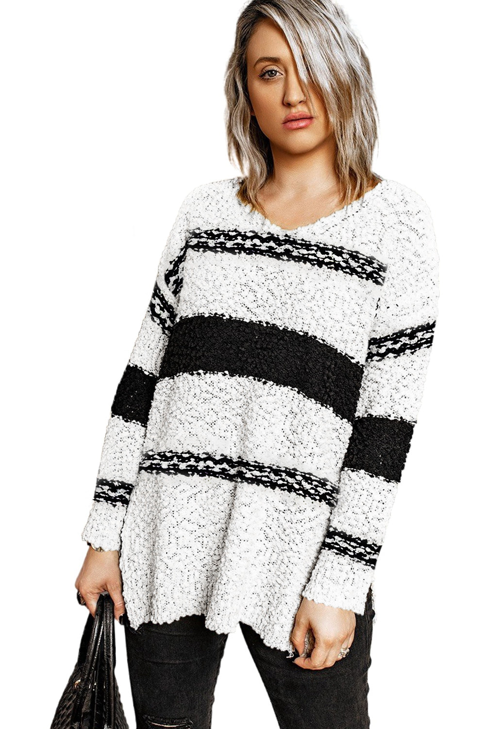 Women's Striped Colorblock V Neck Long Sleeve Oversized Knitted Pullover Sweater