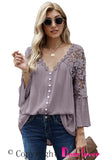 Bell Sleeve Crochet Lace Button V Neck Top