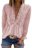 Swiss Dot Long Deep V Neck Pleated Sleeve Top
