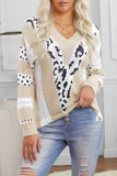 Women's Animal Print Knitted Pullover V Neck Sweater