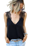 LC251886-2-S, LC251886-2-M, LC251886-2-L, LC251886-2-XL, LC251886-2-2XL, Black Women's V Neck Sleeveless Lace Trim Camisole Sleeveless Tank Top