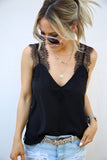 LC251886-2-S, LC251886-2-M, LC251886-2-L, LC251886-2-XL, LC251886-2-2XL, Black Women's V Neck Sleeveless Lace Trim Camisole Sleeveless Tank Top