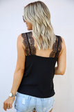 LC251886-2-S, LC251886-2-M, LC251886-2-L, LC251886-2-XL, LC251886-2-2XL, Black Women's V Neck Sleeveless Lace Trim Camisole Sleeveless Tank Top