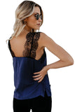 LC251886-5-S, LC251886-5-M, LC251886-5-L, LC251886-5-XL, LC251886-5-2XL, Blue Women's V Neck Sleeveless Lace Trim Camisole Sleeveless Tank Top