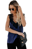 LC251886-5-S, LC251886-5-M, LC251886-5-L, LC251886-5-XL, LC251886-5-2XL, Blue Women's V Neck Sleeveless Lace Trim Camisole Sleeveless Tank Top