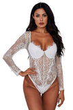 LC32466-1-S, LC32466-1-M, LC32466-1-L, White Women's Underwire Floral Lace Long Sleeve Bodysuit Mesh Sheer V Neck Top