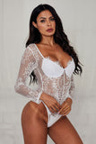 LC32466-1-S, LC32466-1-M, LC32466-1-L, White Women's Underwire Floral Lace Long Sleeve Bodysuit Mesh Sheer V Neck Top