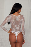 LC32466-1-S, LC32466-1-M, LC32466-1-L, White Women's Underwire Floral Lace Long Sleeve Bodysuit Mesh Sheer V Neck Top