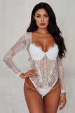 LC32466-1-S, LC32466-1-M, LC32466-1-L, White Women's Underwire Floral Lace Long Sleeve Bodysuit Mesh Sheer V Neck Top