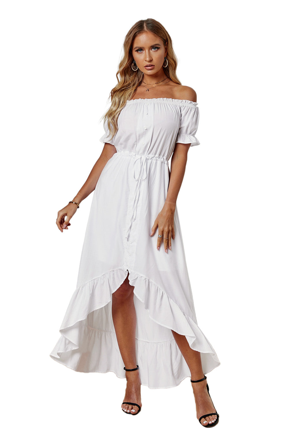 White White Off the Shoulder Dress High Low Maxi Dress  LC611566-1