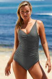 Gray Asymmetric Shoulder Ruched Cut Out Back One Piece Bathing Suit LC412064-11