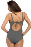 Gray Asymmetric Shoulder Ruched Cut Out Back One Piece Bathing Suit LC412064-11