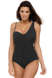 Black Asymmetric Shoulder Ruched Cut Out Back One Piece Bathing Suit LC412064-2