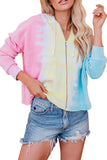 Pink Womens Long Sleeve Full Zip Drawstring Tie Dye Color Block Hoodie LC2531052-10