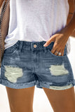 Blue Distressed Denim Short for Women Ripped Rolled Hem Blue Denim Jean Shorts LC77173-5