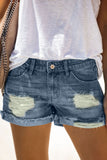 Blue Distressed Denim Short for Women Ripped Rolled Hem Blue Denim Jean Shorts LC77173-5