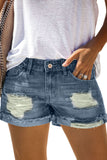 Blue Distressed Denim Short for Women Ripped Rolled Hem Blue Denim Jean Shorts LC77173-5