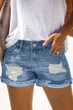 Sky Blue Distressed Denim Short for Women Ripped Rolled Hem Blue Denim Jean Shorts LC77173-4