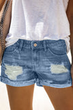 Sky Blue Distressed Denim Short for Women Ripped Rolled Hem Blue Denim Jean Shorts LC77173-4