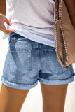 Sky Blue Distressed Denim Short for Women Ripped Rolled Hem Blue Denim Jean Shorts LC77173-4