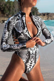 Womens Rash Guard Animal Print Zipper Cut Out Swimsuit