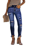 Blue Women’s Stretchy Skinny High Rise Pants Button Ripped Denim Jeans LC78227-5