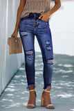 Blue Women’s Stretchy Skinny High Rise Pants Button Ripped Denim Jeans LC78227-5