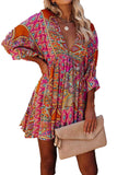 LC221873-22-S, LC221873-22-M, LC221873-22-L, LC221873-22-XL, Multicolor Bohemian 3/4 Sleeve V Neck Vintage Mini Dress for Women