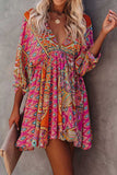 LC221873-22-S, LC221873-22-M, LC221873-22-L, LC221873-22-XL, Multicolor Bohemian 3/4 Sleeve V Neck Vintage Mini Dress for Women