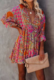 LC221873-22-S, LC221873-22-M, LC221873-22-L, LC221873-22-XL, Multicolor Bohemian 3/4 Sleeve V Neck Vintage Mini Dress for Women