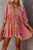 LC221873-22-S, LC221873-22-M, LC221873-22-L, LC221873-22-XL, Multicolor Bohemian 3/4 Sleeve V Neck Vintage Mini Dress for Women
