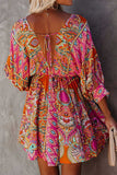 LC221873-22-S, LC221873-22-M, LC221873-22-L, LC221873-22-XL, Multicolor Bohemian 3/4 Sleeve V Neck Vintage Mini Dress for Women