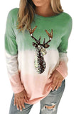 Green Women's Color Block Reindeer Print Gradient Crew Neck Sweatshirts LC2531516-9
