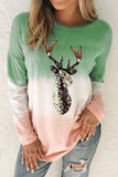 Green Women's Color Block Reindeer Print Gradient Crew Neck Sweatshirts LC2531516-9