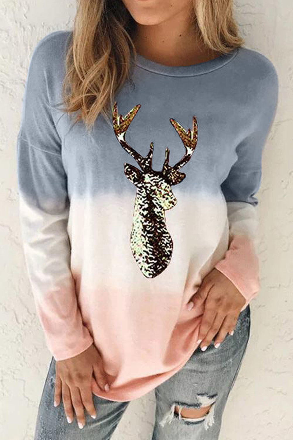 Gray Women's Color Block Reindeer Print Gradient Crew Neck Sweatshirts LC2531516-11