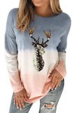 Women's Color Block Reindeer Print Gradient Crew Neck Sweatshirts