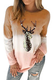 Orange Women's Color Block Reindeer Print Gradient Crew Neck Sweatshirts LC2531516-14