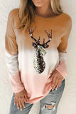 Orange Women's Color Block Reindeer Print Gradient Crew Neck Sweatshirts LC2531516-14