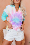 Sky Blue Womens Long Sleeve Full Zip Drawstring Tie Dye Color Block Hoodie LC2531052-4