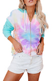 Sky Blue Womens Long Sleeve Full Zip Drawstring Tie Dye Color Block Hoodie LC2531052-4