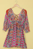 LC221873-22-S, LC221873-22-M, LC221873-22-L, LC221873-22-XL, Multicolor Bohemian 3/4 Sleeve V Neck Vintage Mini Dress for Women