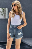 Blue Distressed Denim Short for Women Ripped Rolled Hem Blue Denim Jean Shorts LC77173-5