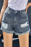 Blue Distressed Denim Short for Women Ripped Rolled Hem Blue Denim Jean Shorts LC77173-5