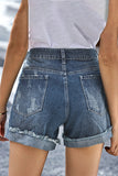 Blue Distressed Denim Short for Women Ripped Rolled Hem Blue Denim Jean Shorts LC77173-5