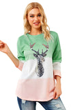 Green Women's Color Block Reindeer Print Gradient Crew Neck Sweatshirts LC2531516-9