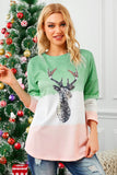 Green Women's Color Block Reindeer Print Gradient Crew Neck Sweatshirts LC2531516-9