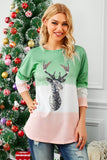 Green Women's Color Block Reindeer Print Gradient Crew Neck Sweatshirts LC2531516-9