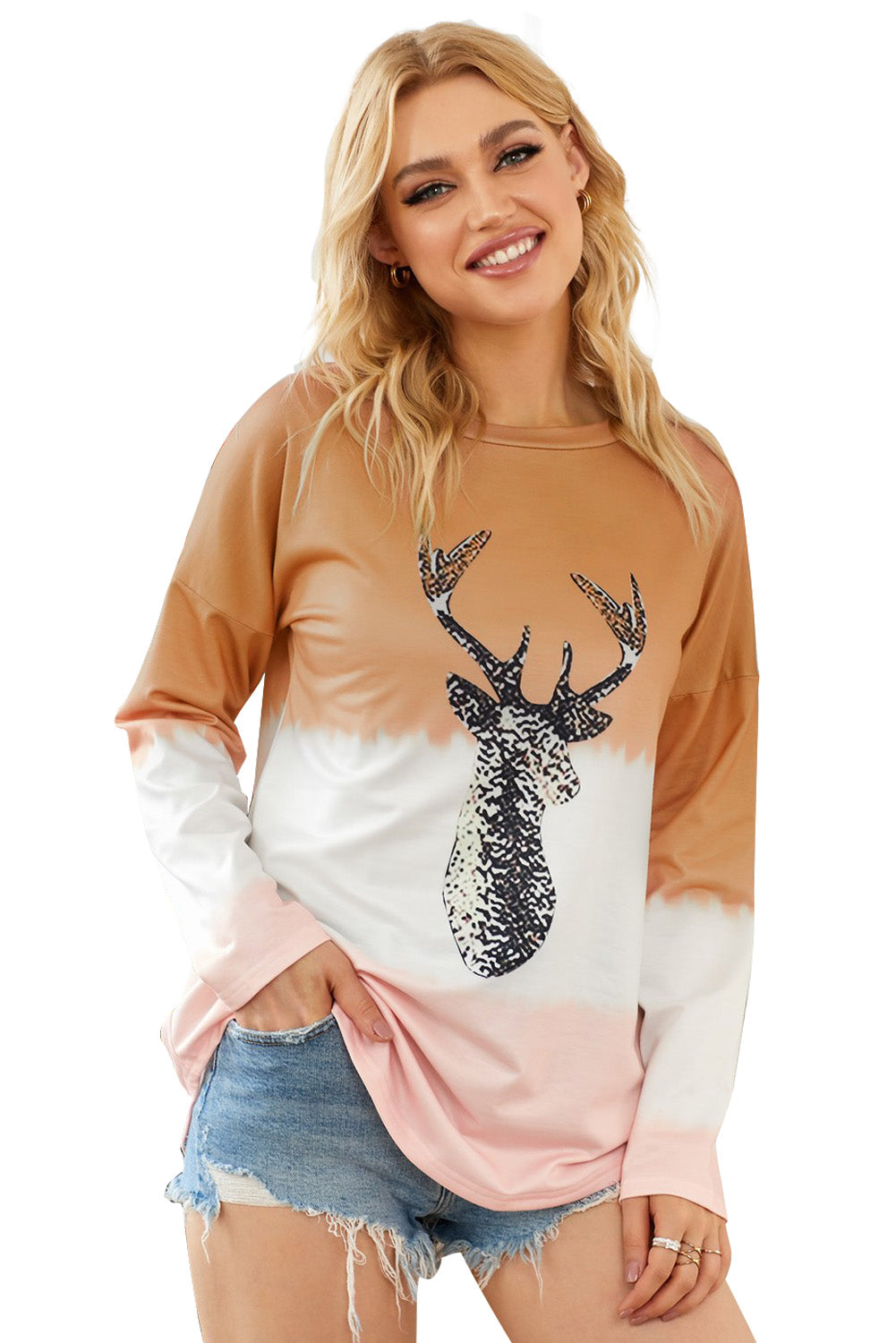 Orange Women's Color Block Reindeer Print Gradient Crew Neck Sweatshirts LC2531516-14