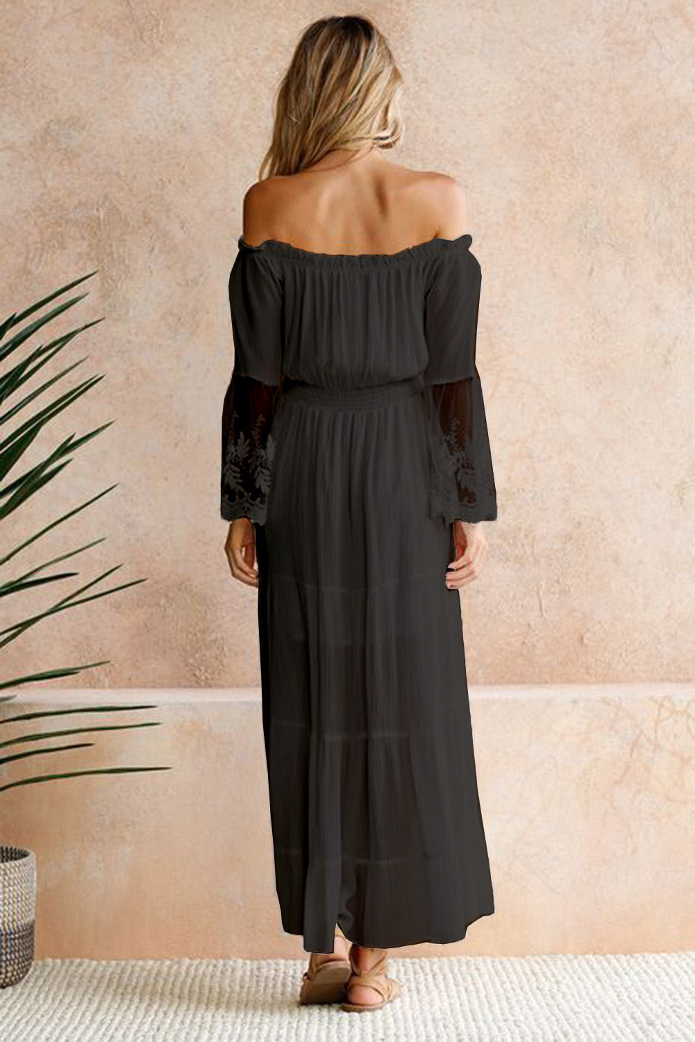 Black White Maxi Dress Off Shoulder Flared Sleeve Lace Wedding Bridesmaid Dress LC611985-2